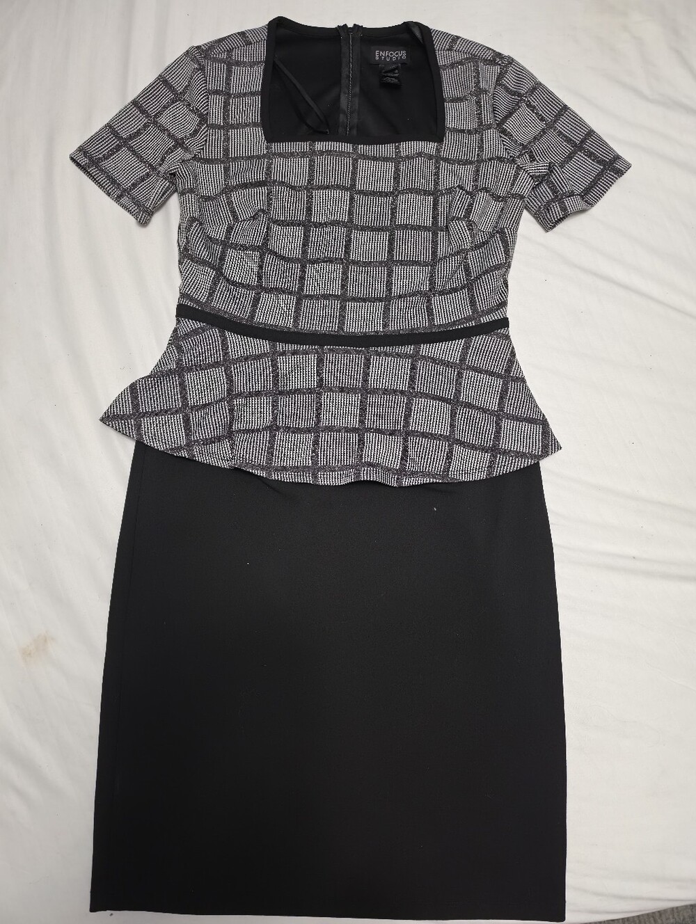 Enfocus Studio Black and Gray Checked Peplum Sheath Dress